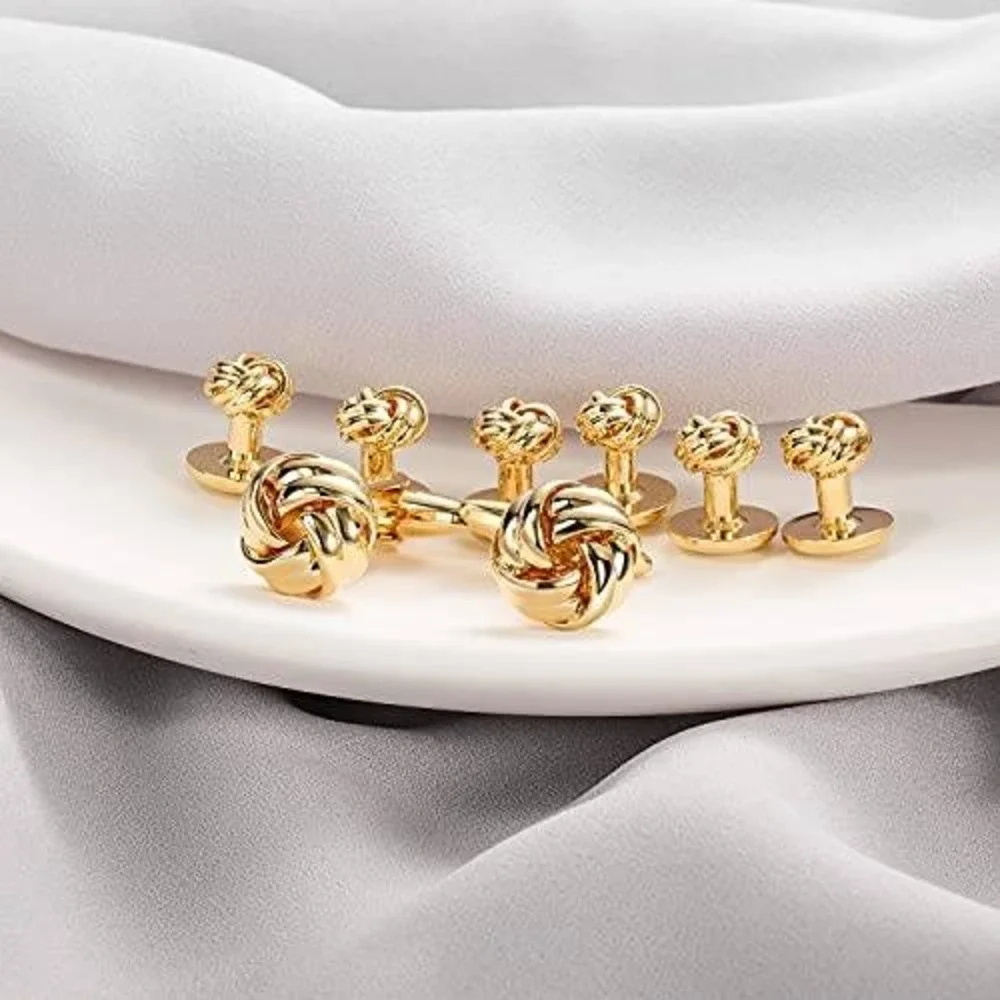 Gold Tone Love Knot Cufflinks and‎ Shirt Studs Set Formal Tuxedo Wedding Men